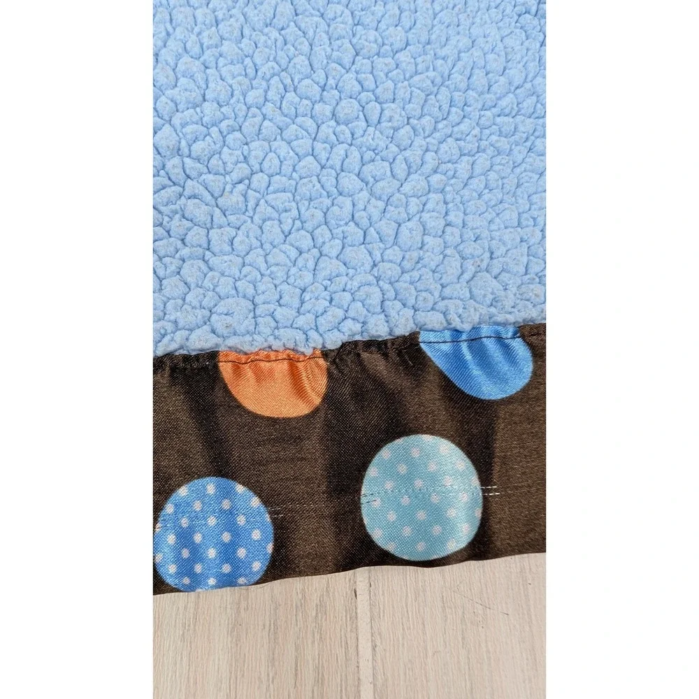 Baby boom Baby Blanket Blue Sherpa Fleece Brown Polka Dot Satin Trim USED